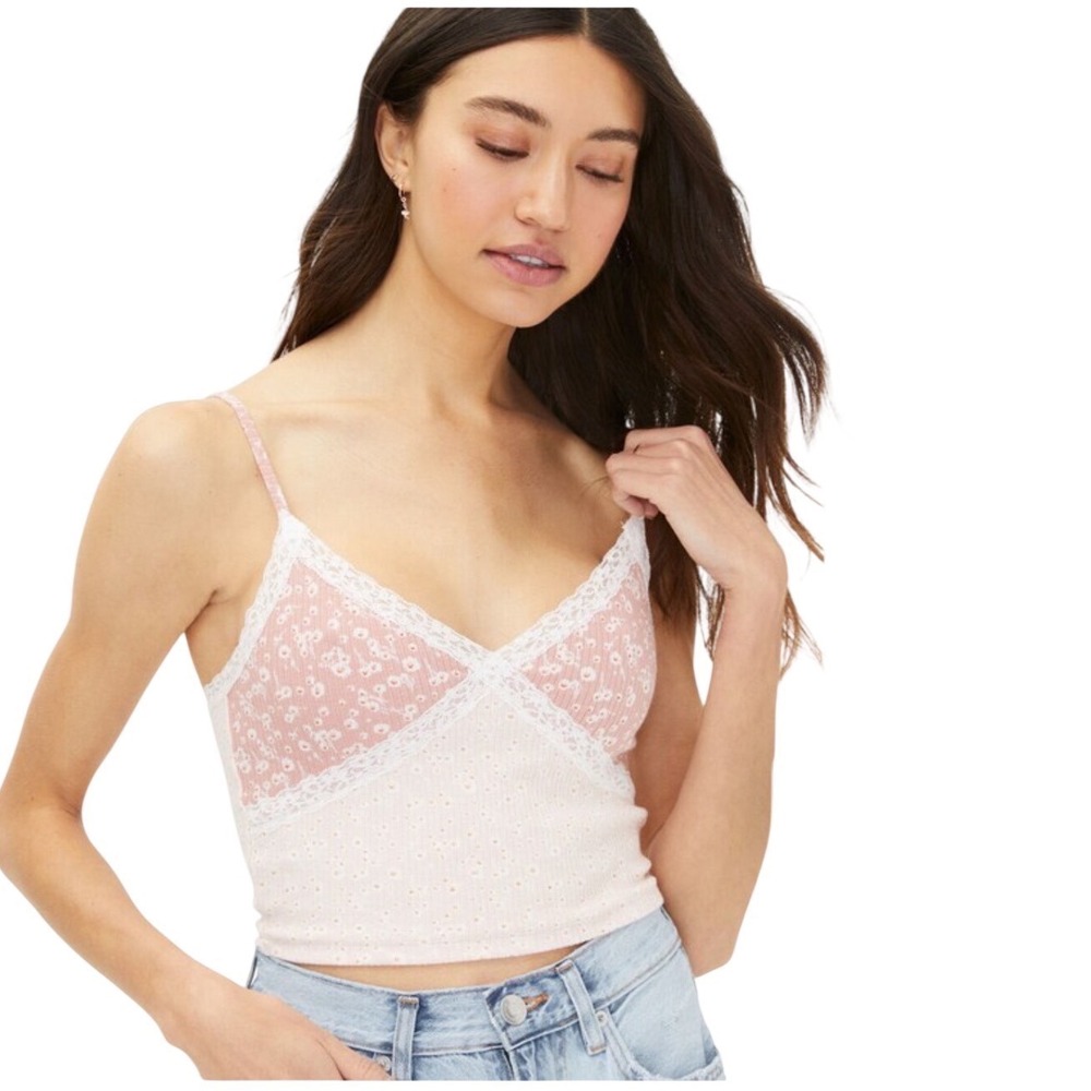 Pink Floral Lace Trim Pointelle Crop Cami Tank Dainty‎ Fem Cottagecore Festival